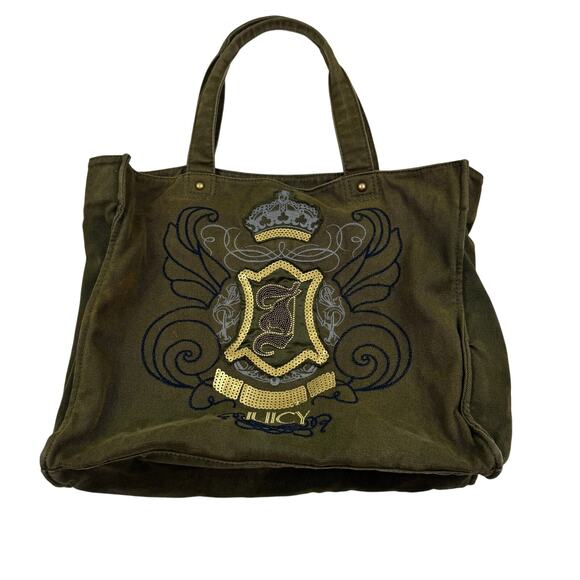 Juicy Couture Vintage Y2K Embroidered Sequins Canvas Military Style Tote Bag - Picture 1 of 10